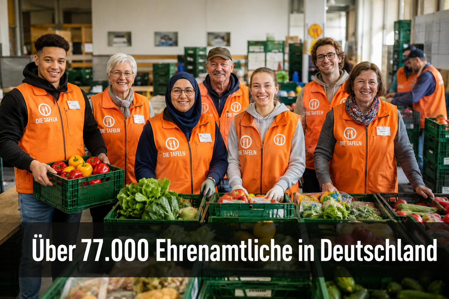 () editorial photo showing a diverse group of Tafel volunteers in orange vests standing together in a food sorting area,