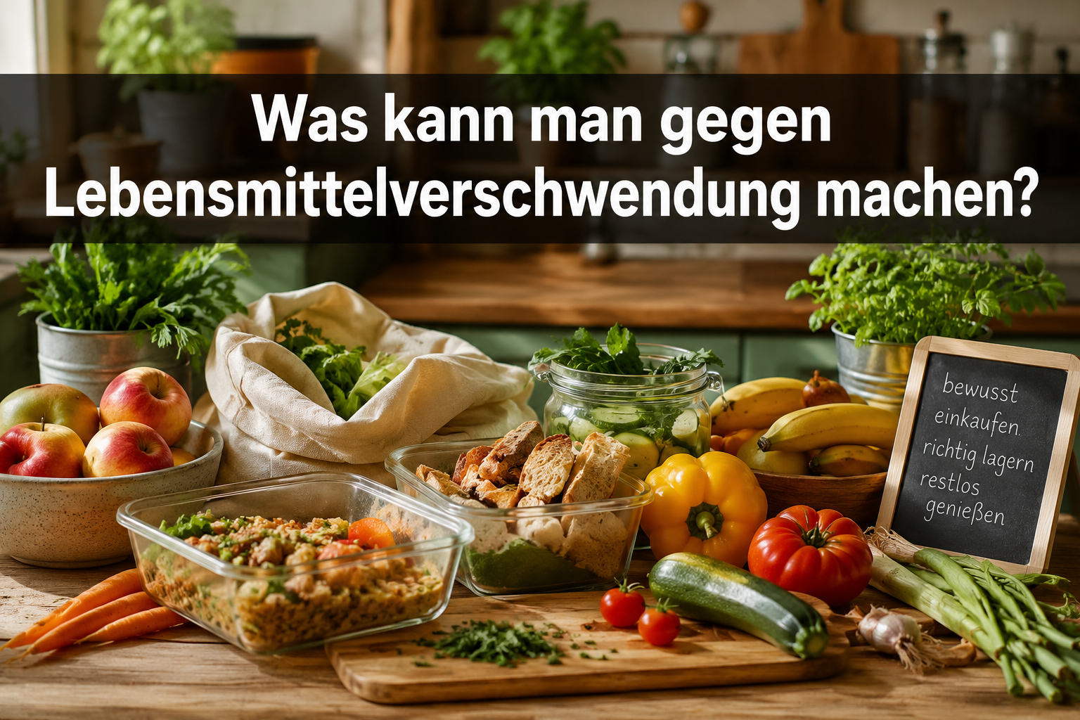 Professional () hero image with 'Was kann man gegen Lebensmittelverschwendung machen?' in extra large white with dark