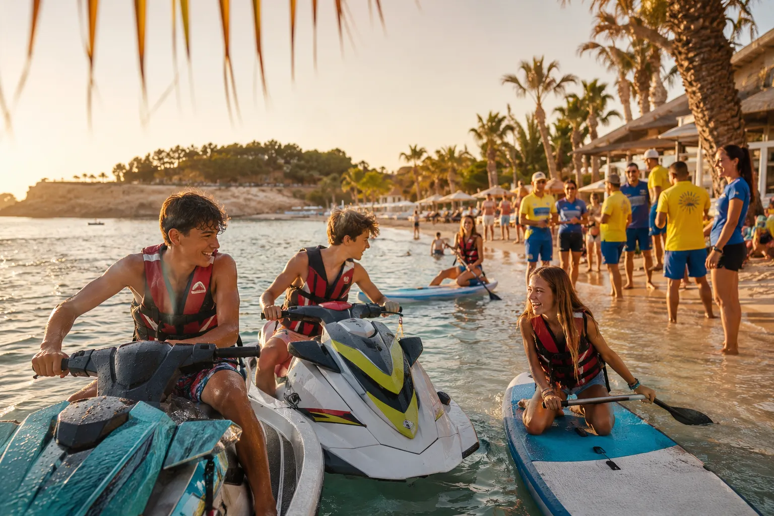 () editorial hero image for a German family travel article about Spain with teenagers, water sports, and animation programs.