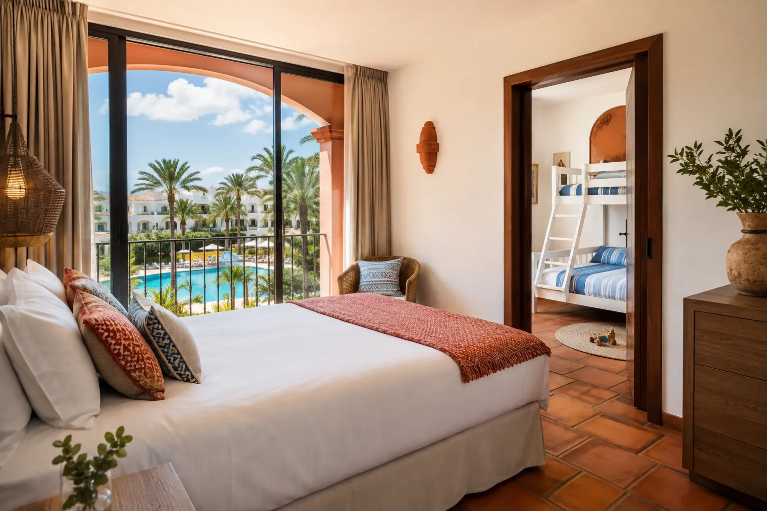 Editorial landscape hero image () of a bright, sun-drenched Spanish hotel family suite with a separate bedroom visible
