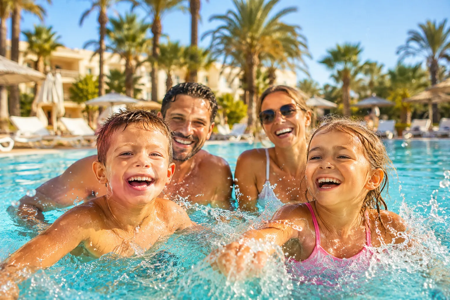 Professional () editorial hero image: a happy family of four (parents and two young children) splashing in a bright