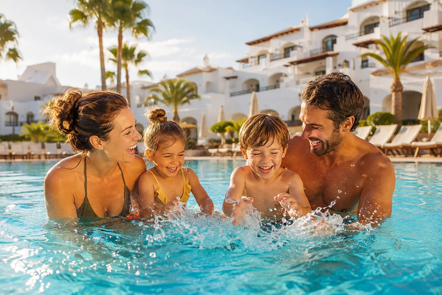 Bright editorial () hero image: a cheerful German family with two young children playing at a sparkling outdoor pool of a